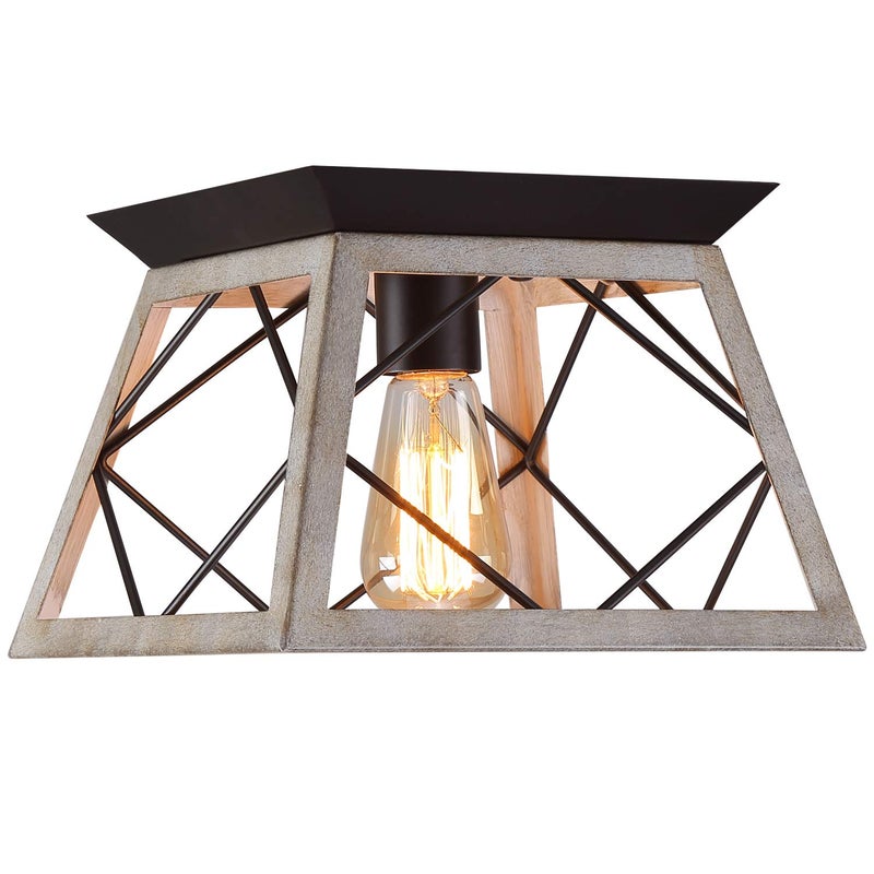 QS Q&S Rustic Farmhouse Ceiling Light Fixture Flush Mount Vintage Ceiling Lights for Hallway Entryway Kitchen Dining Room Bedroom,Wrought Iron Oak White and ORB 1 Light E26 - Image 2